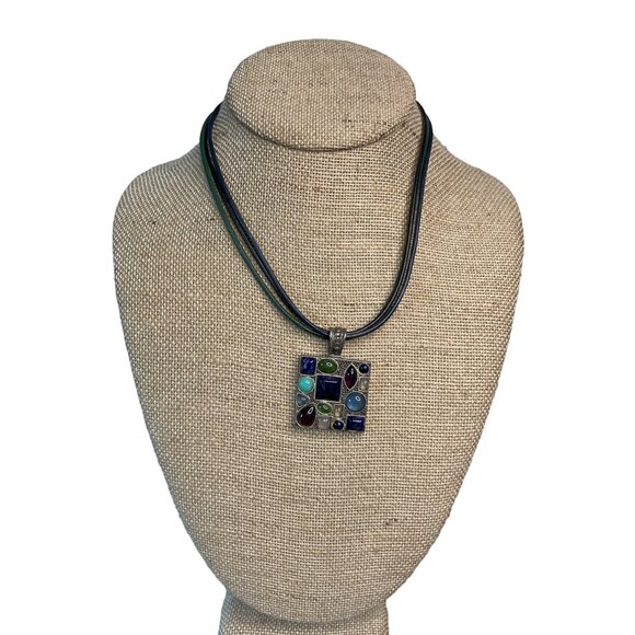 Silver Tone Pendant with Blue Purple Green Rhinestones Corded Lobster Claw with - Picture 1 of 5